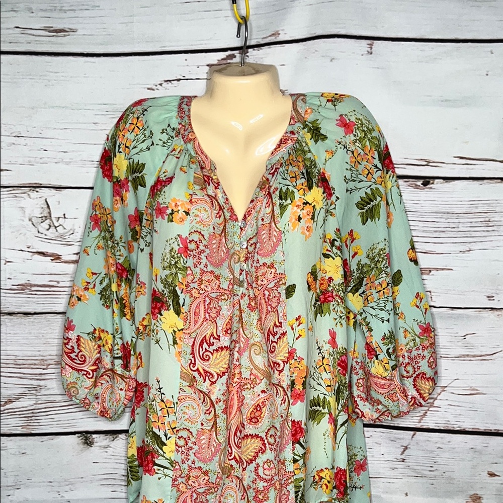 Fig & Flower Size XL Floral Paisley Print Peasant Blouse Top - Picture 2 of 4